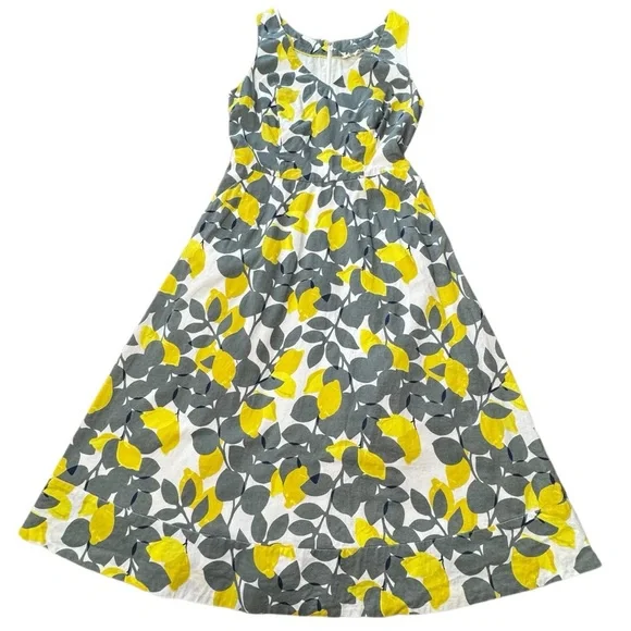 Boden Jade Fit & Flare Linen Cotton Dress Lemon Print Lined V-neck Women Size 4L - Picture 4 of 16